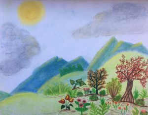 Sun Breaking Thru The Clouds Over distant mountains with diverse plant life in the foreground including trees and succulents and colorful flowers