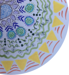 A Hand Drawing of a White Quarter Circle Filled With Green Vines With White Flowers and Yellow Triangle Rays and Red Arcs and Blue and Green circles With Soft Purple Spikes Along The Edges and Teardrops, Each In A Concentric Partitioning Around Most of a Large Light Blue Teardrop Core.